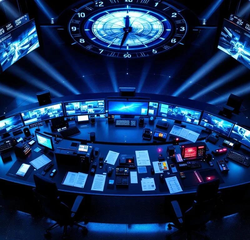 Moderne beveiligingscontrolekamer met verlichte monitoren, 24-uurs klok en professionele apparatuur op bureau