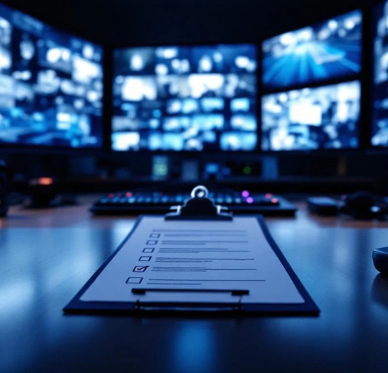 Professionele beveiligingscontrolekamer met meerdere monitoren, veiligheidschecklists en communicatieapparatuur