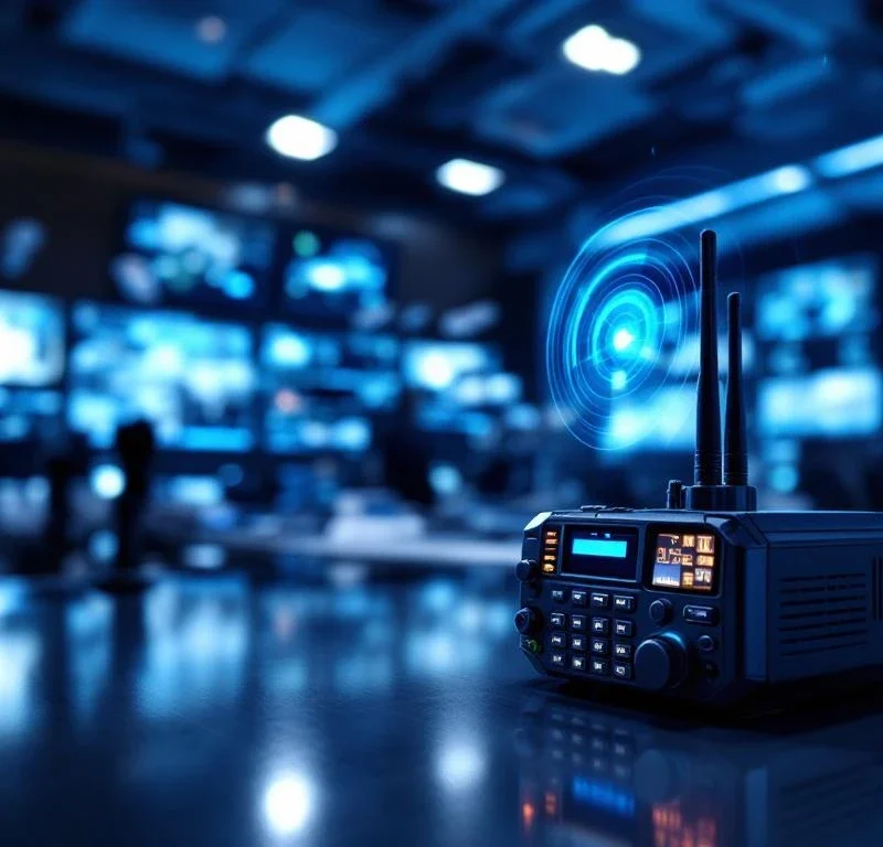 Moderne beveiligingscontrolekamer met radio-communicatieapparaat, HD-monitoren en draadloze signalen in blauw licht