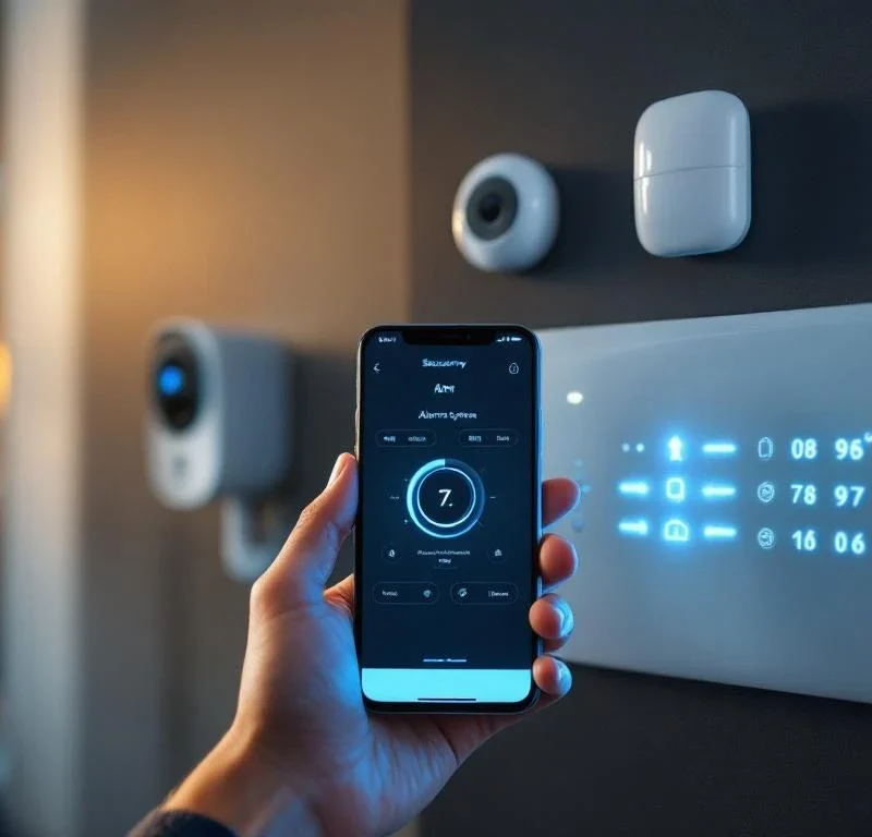 Handen met smartphone die beveiligingsapp toont boven modern alarmsysteem paneel met blauwe LED-indicatoren