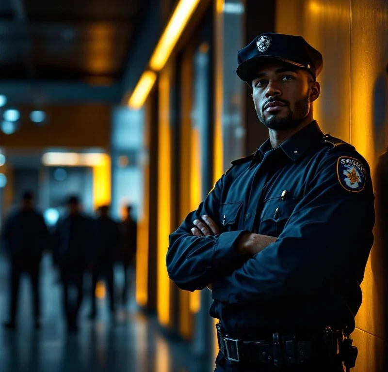 Professionele beveiliger in uniform staat zelfverzekerd bij moderne gebouwingang, dramatische belichting benadrukt autoriteit