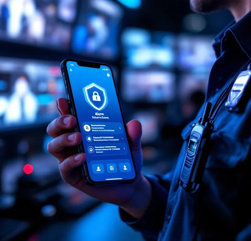 Beveiligingsmedewerker houdt smartphone met alarm-app vast in professionele bewakingsruimte met monitoren