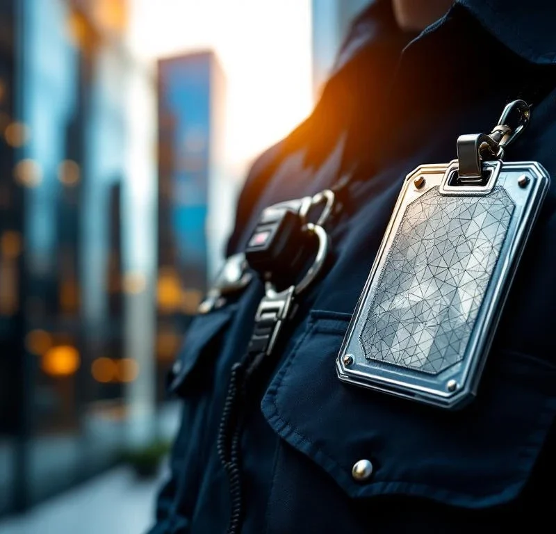 Beveiligingsbeambte in marineblauw uniform met identificatiebadge, radio en sleutelhanger voor modern kantoorgebouw