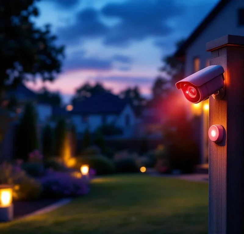 Beveiligingscamera op tuinhek met rode LED-indicator en bewegingssensors in moderne achtertuin bij schemering