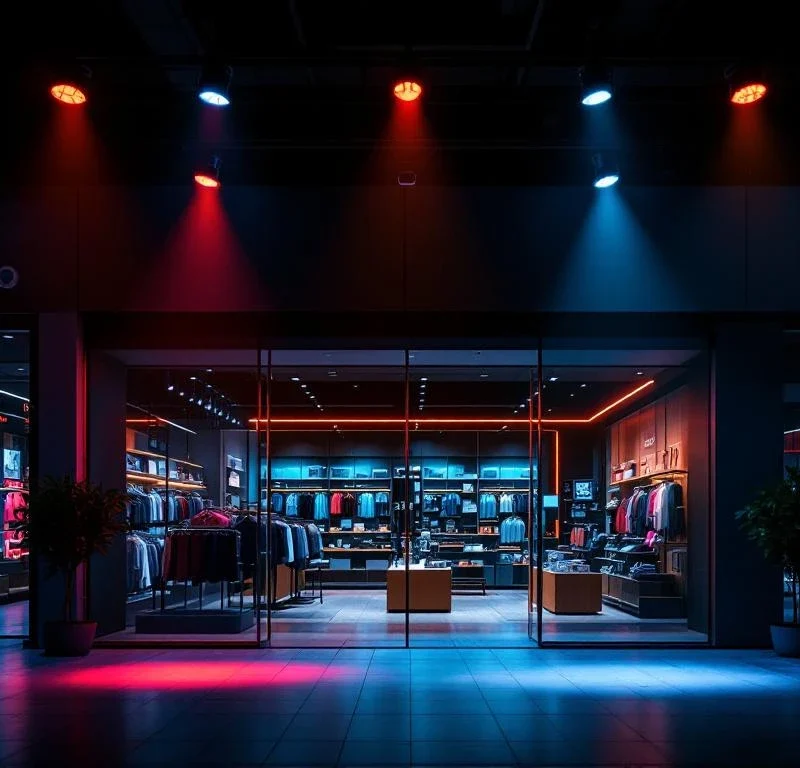 Moderne winkelinterieur 's nachts met beveiligingscamera's, verlichting en alarmsystemen voor 24/7 beveiliging