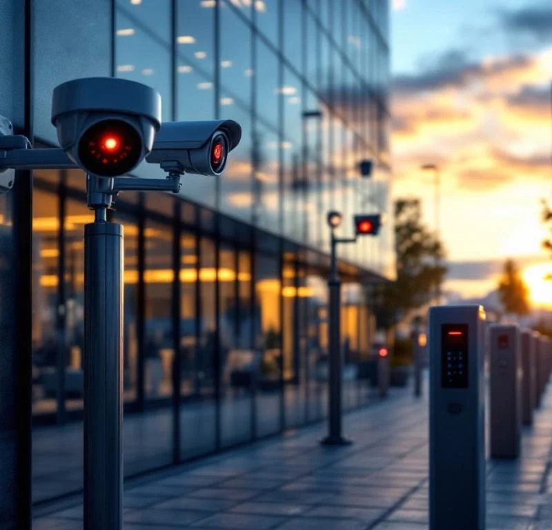 Modern kantoorgebouw bij schemering met beveiligingscamera's, toegangspoorten en LED-verlichting in blauw-zilveren tinten