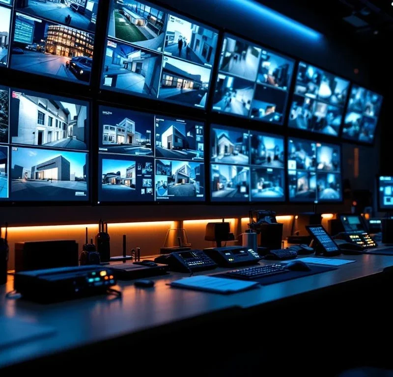 Moderne beveiligingscontrolekamer met meerdere monitoren die live bewakingsbeelden tonen van commerciële gebouwen