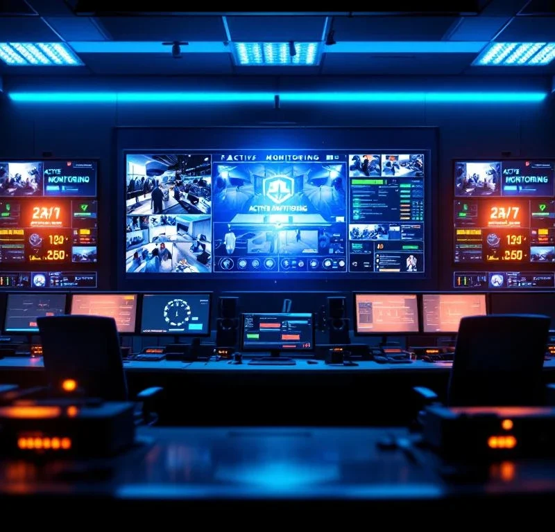 Professionele beveiligingscontrolekamer met meerdere monitoren die live bewakingsbeelden tonen en groene actieve monitoring indicatoren