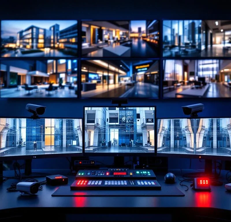 Beveiligingscontrolekamer met meerdere monitors die live bewakingsbeelden tonen, verlichte alarmpanelen en professionele beveiligingsapparatuur