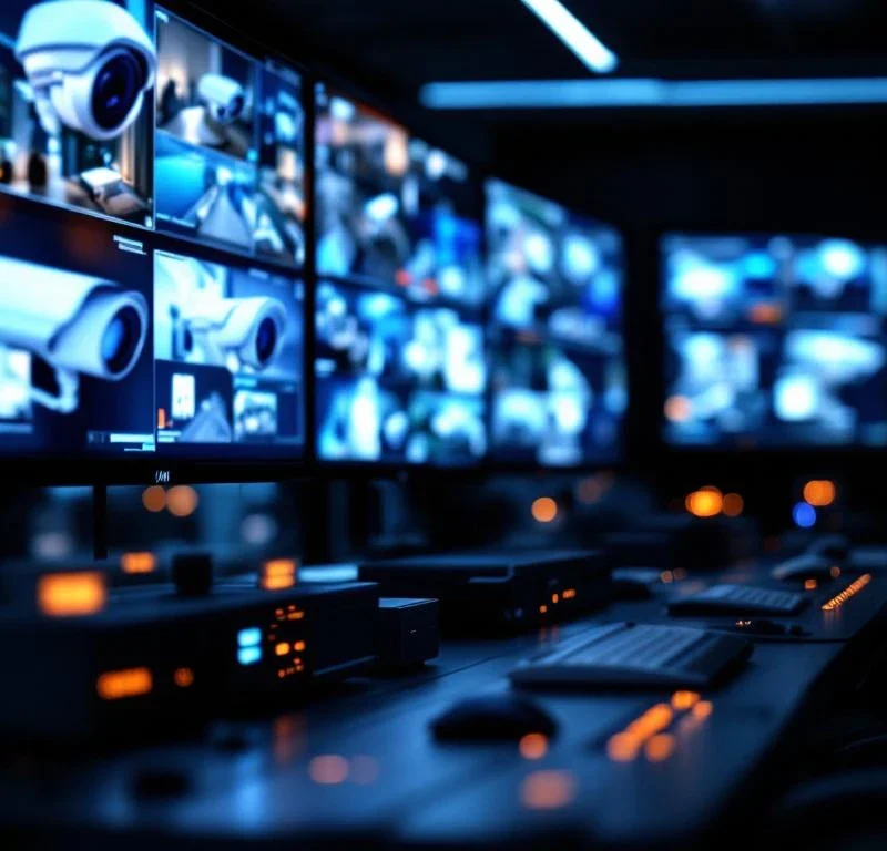 Moderne beveiligingscontrolekamer met meerdere HD-monitoren die bewakingsbeelden tonen, professionele blauwe verlichting
