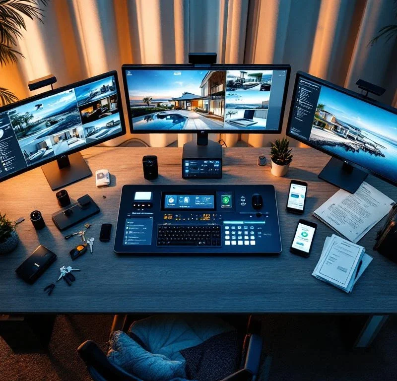 Moderne beveiligingscontrolekamer met HD-monitoren, alarmsysteem en smartphone-app voor vakantiehuisbewaking