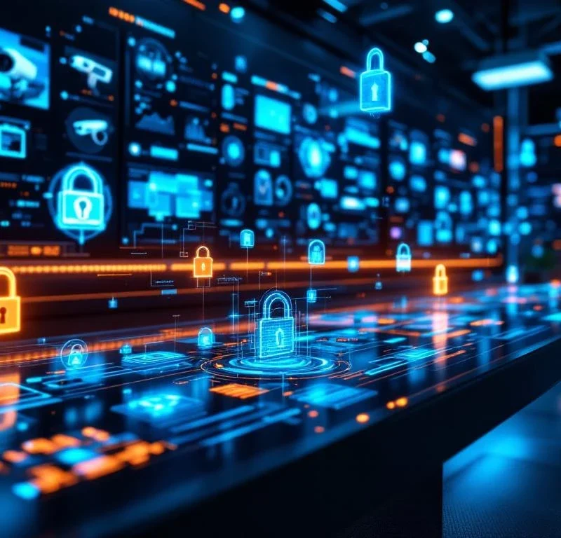 Futuristisch beveiligingscentrum met meerdere monitoren, holografische beveiligingspictogrammen en geavanceerde dashboards