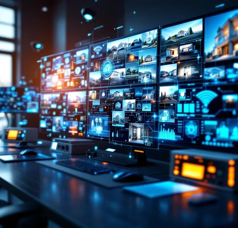 Moderne beveiligingscontrolekamer met HD-monitoren, holografische interface en geavanceerde bewakingsapparatuur