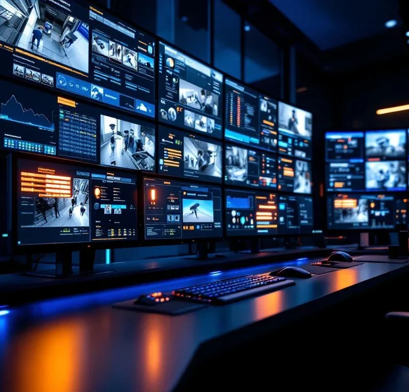 Beveiligingscontrolekamer met meerdere monitoren die live alarmfeeds en camerabewaking tonen, blauwe LED-verlichting