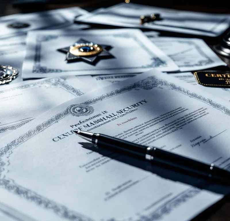 Officiële beveiligingscertificaten en badge op donker houten bureau met dramatische verlichting en professionele pen