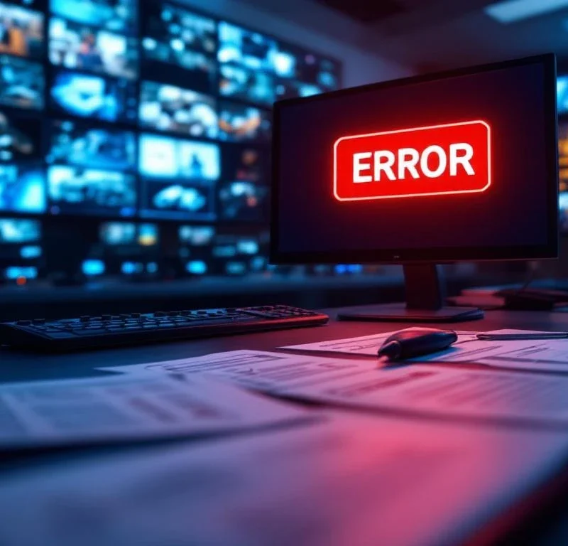 Beveiligingscontrolekamer met meerdere monitors, centraal scherm toont rode ERROR-waarschuwing, documenten met rode kruizen op bureau
