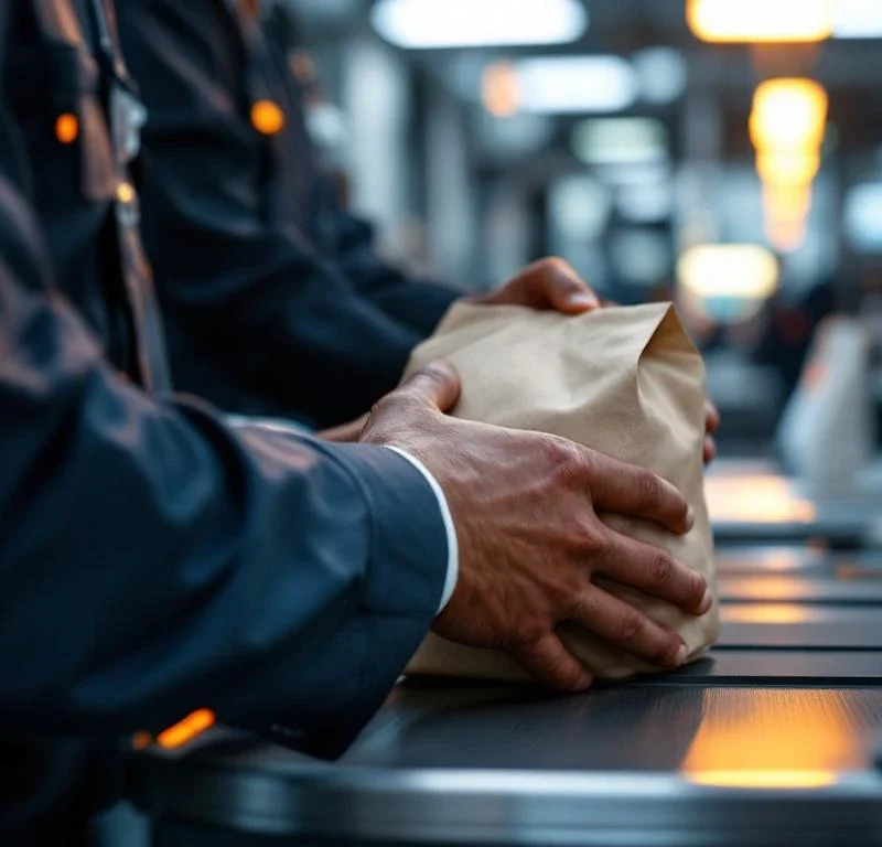 Professionele veiligheidsinspectie met diverse handen die samenwerken aan moderne detectietafel in schone beveiligingsfaciliteit