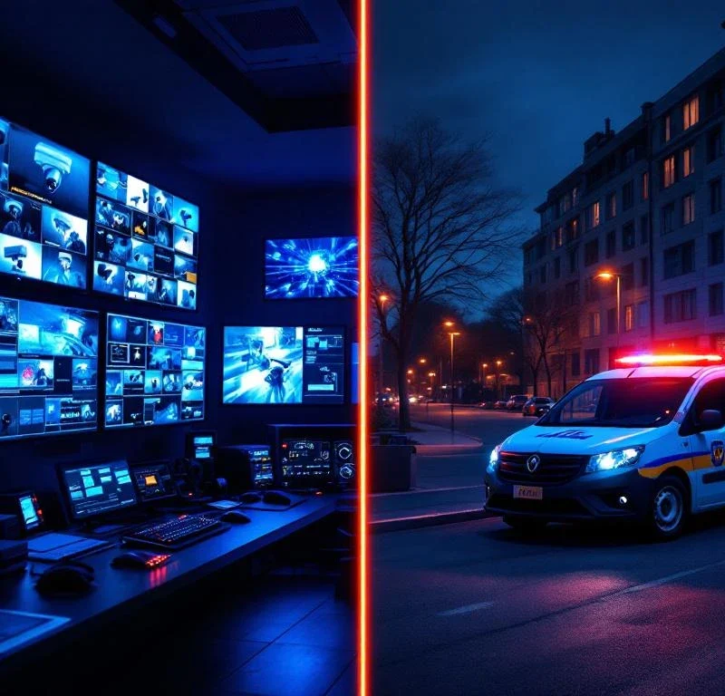 Beveiligingsmonitoring split-screen: moderne controlekamer met HD-monitors links, mobiele beveiligingswagen bij gebouw rechts