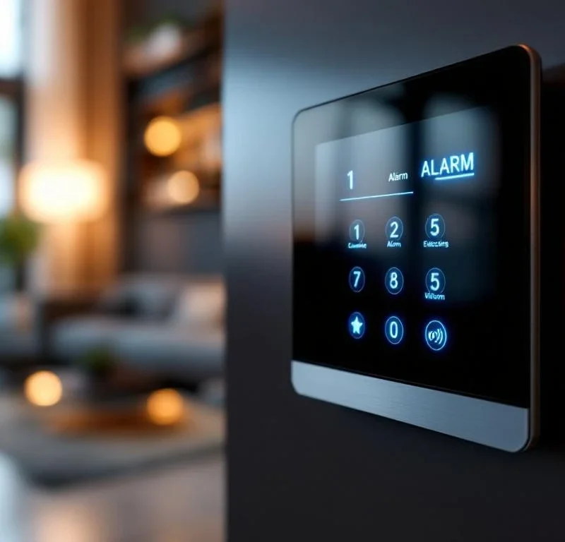 Moderne beveiligingspaneel met verlichte knoppen en digitale interface in hedendaags huis interieur