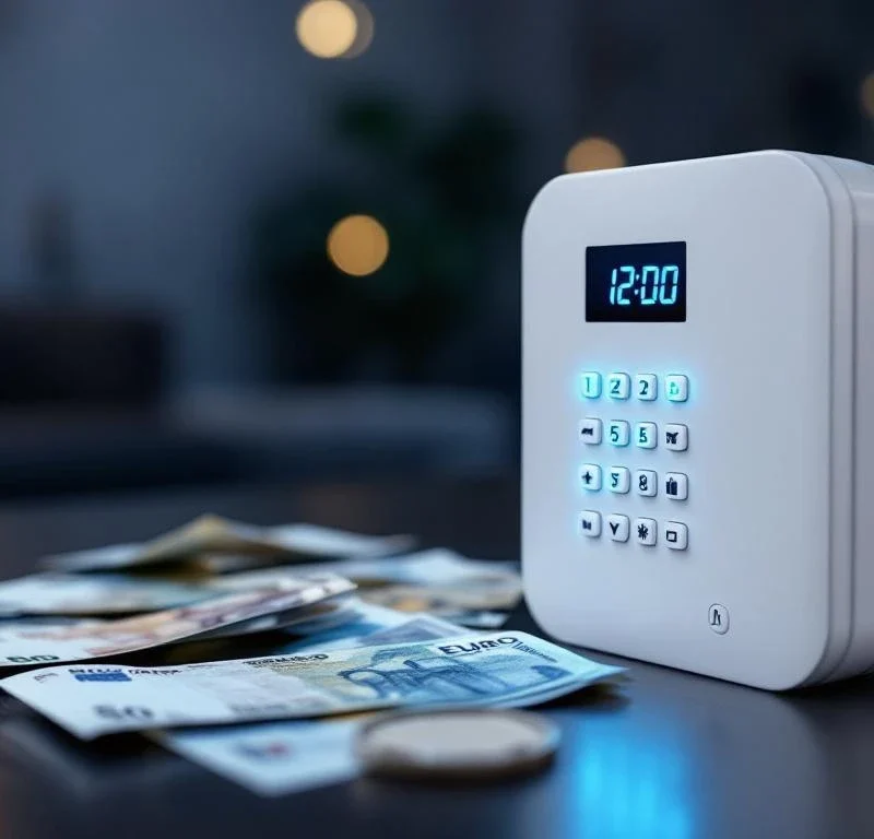 Witte beveiligingspaneel met LED-indicatoren op donker hout, omringd door eurobankbiljetten in professionele verlichting