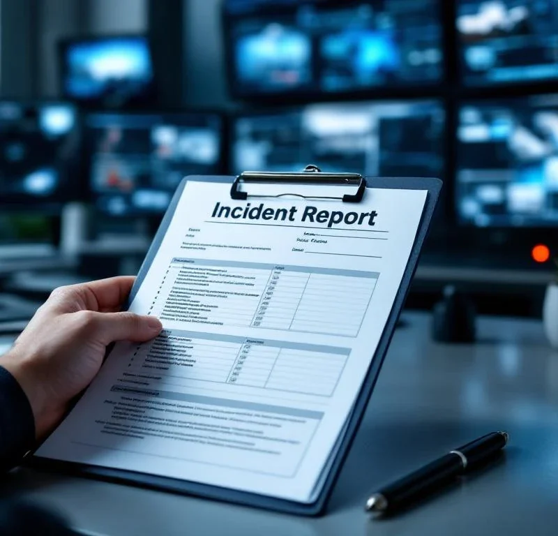 Beveiligingsmedewerker houdt incident rapport klembord vast op kantoorbureau met bewakingsapparatuur op achtergrond