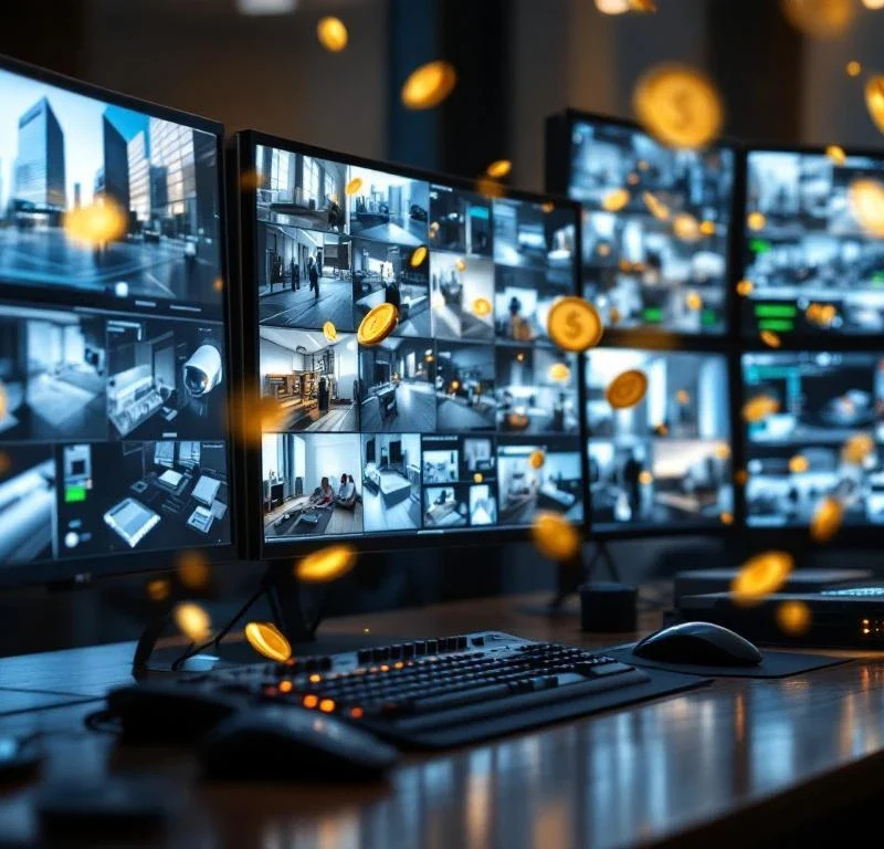 Moderne beveiligingscontrolekamer met HD-monitoren, bewakingscamera's en gouden munten die kostenbesparingen symboliseren