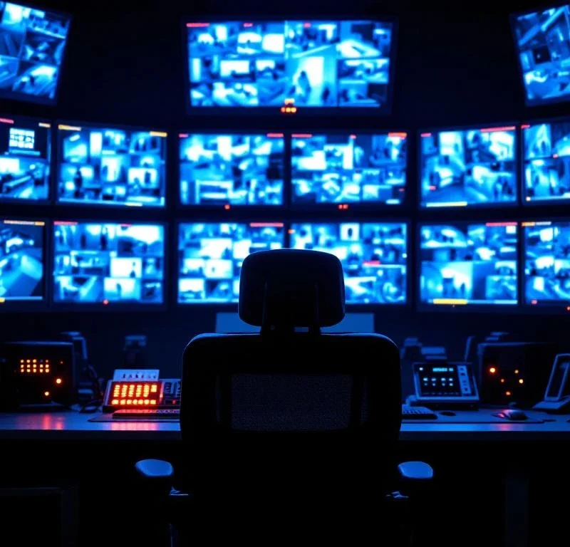 Lege beveiligingscontrolekamer met meerdere monitors en surveillance-apparatuur, verlicht door blauw scherm licht