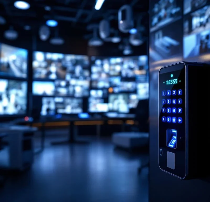 Moderne beveiligingscontrolekamer met monitoren, toegangscontrole keypad met biometrische scanner en blauwe LED-indicatoren