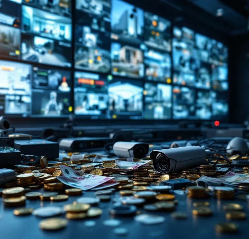 Beveiligingscontrolekamer met kapotte bewakingsapparatuur en verspreide munten die financiële verliezen symboliseren