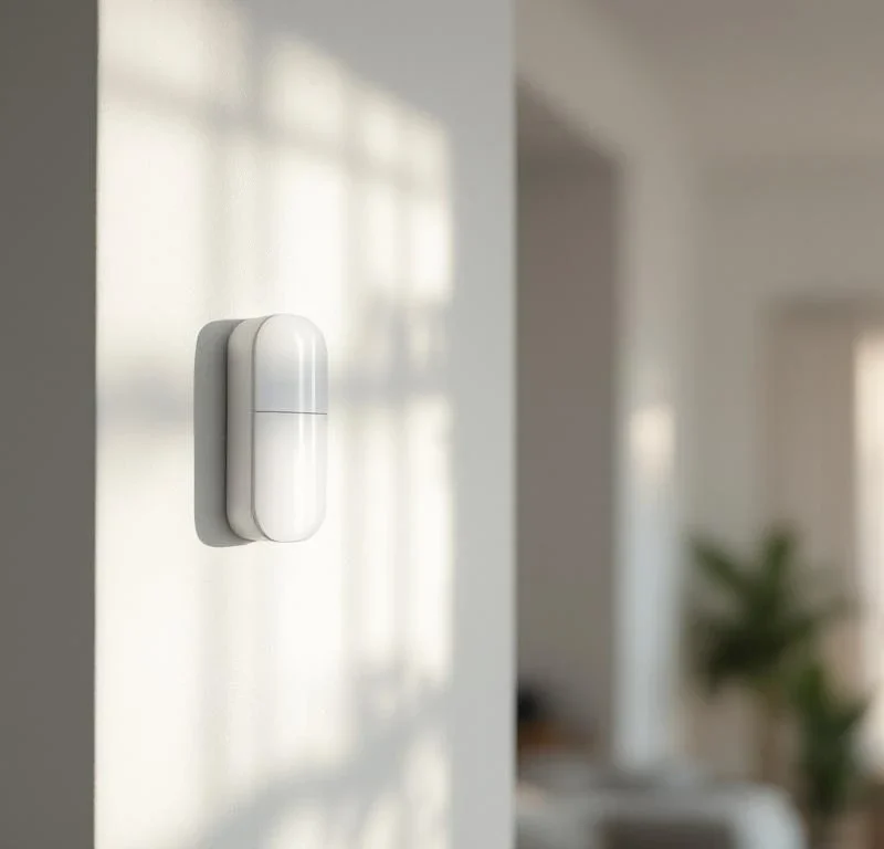 Witte beveiligingssensor geïnstalleerd in hoek van muur en plafond, onopvallend geïntegreerd in modern interieur