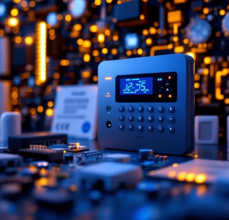 Moderne alarminstallatie bedieningspaneel met LED-indicatoren en digitaal display, circuit boards op achtergrond