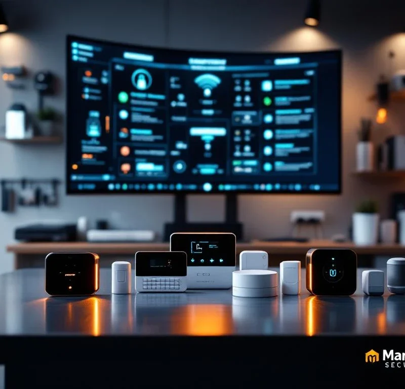 Moderne beveiligingscontrolekamer met gebogen monitor, slimme beveiligingspanelen en draadloze sensoren met LED-indicatoren