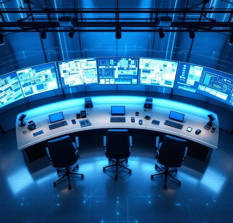Moderne beveiligingscontrolekamer met gebogen monitoren die camerabewaking, toegangscontrole en sensoren tonen via blauwe verbindingen