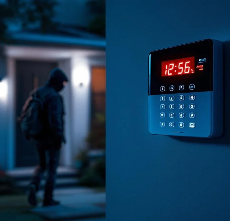 Beveiligingsalarm paneel op muur met rode waarschuwingslichten terwijl inbreker wegvlucht van verlicht huis