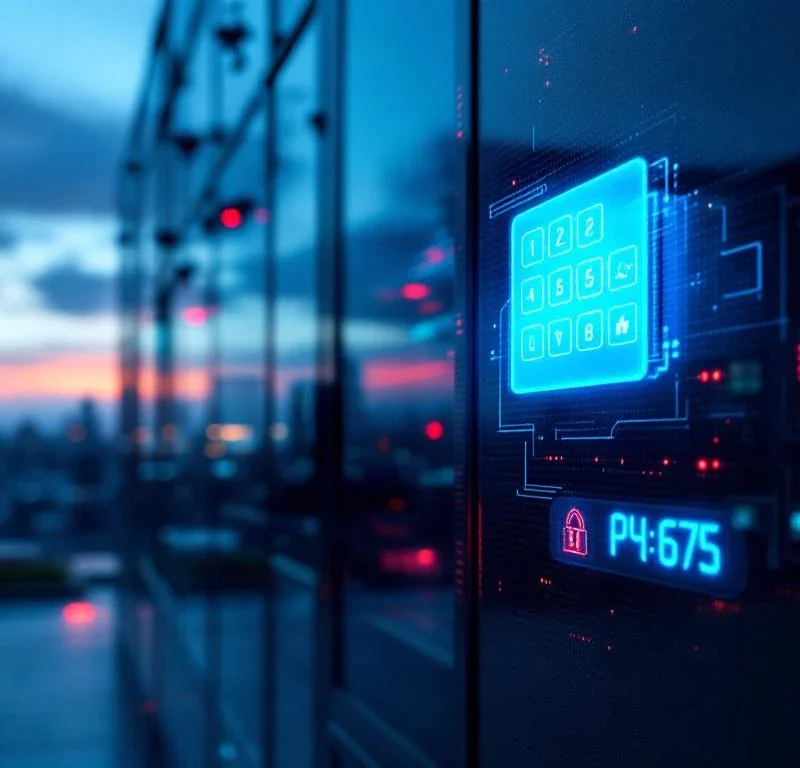 Moderne kantoorgebouw met verlichte beveiligingskeypad en bewakingscamera's bij schemering