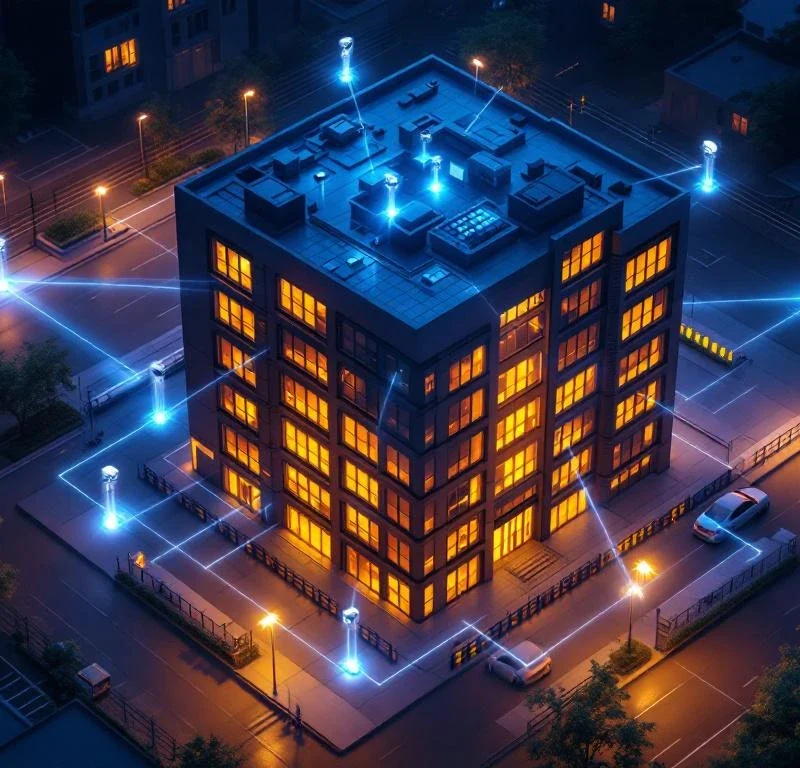 Modern kantoorgebouw bij schemering met negen verlichte beveiligingselementen die een beschermend netwerk vormen