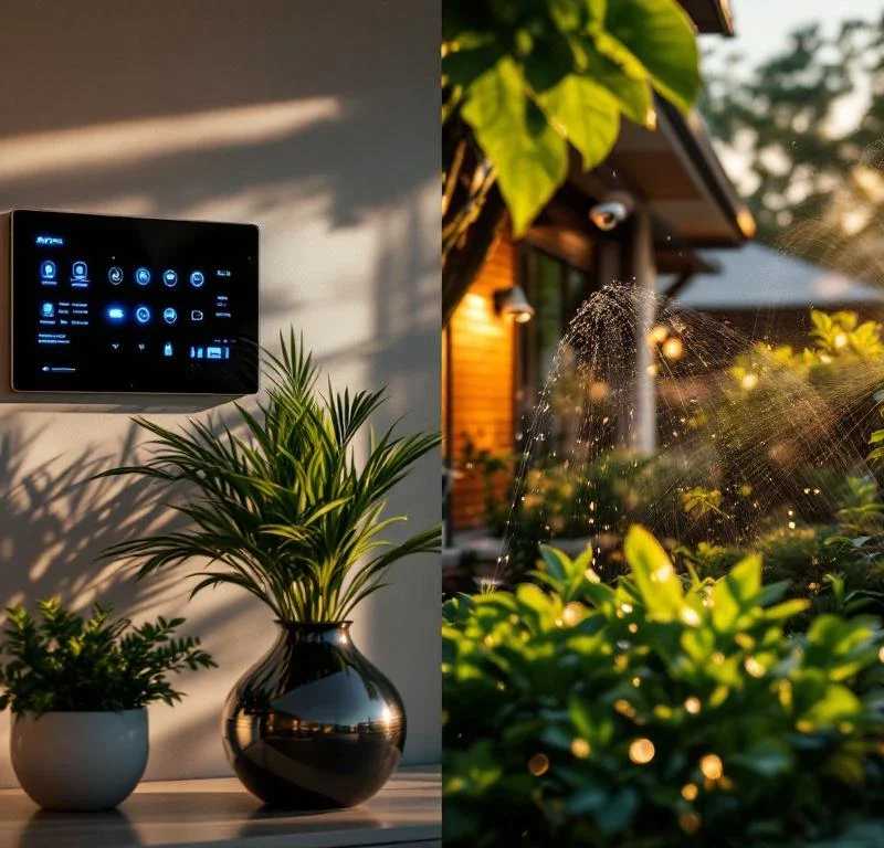 Moderne woning met beveiligingssysteem en automatische sproeiers die planten water geven tijdens vakantie