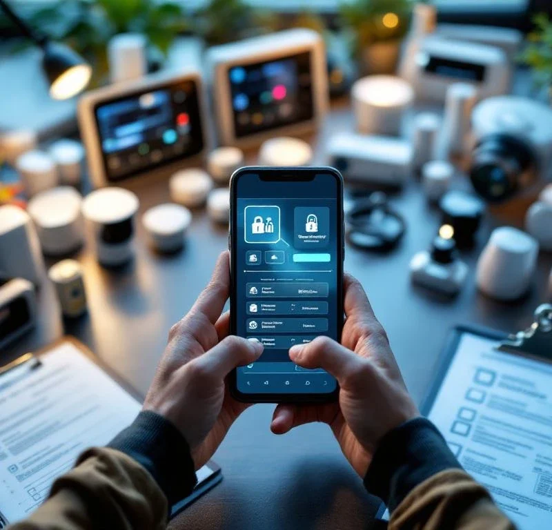 Handen met smartphone die beveiligingssysteem test-interface toont, omringd door alarmsensoren en professionele testapparatuur