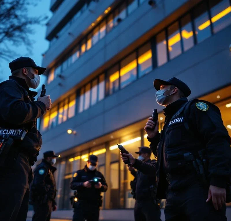 Beveiligingsmedewerkers in donkere uniformen oefenen surveillancetechnieken bij modern kantoorgebouw tijdens schemering