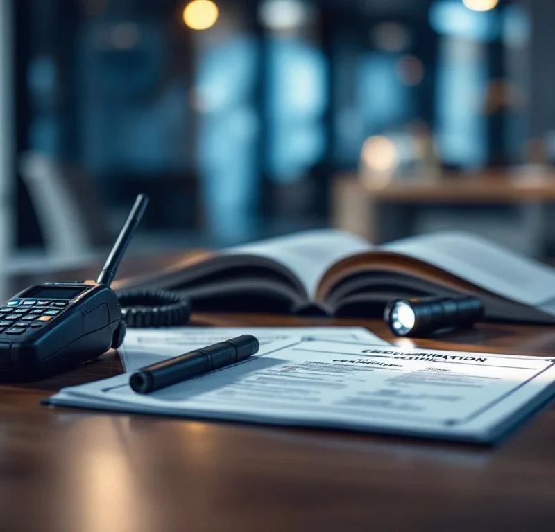 Professionele beveiligingsuitrusting en certificaten op houten tafel in moderne trainingsruimte