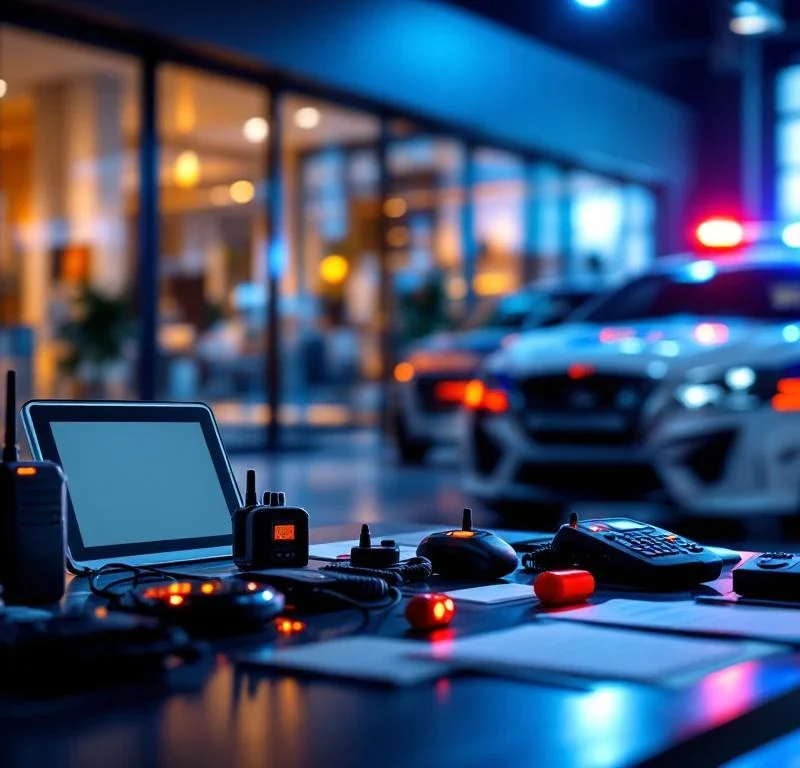 Marshall Security patrouillevoertuig bij moderne beveiligingstrainingscentrum met professionele apparatuur en certificaten