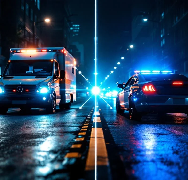 Beveiligingsvoertuig en politieauto met zwaailichten op natte stadsstraat, verbonden door verlicht alarmsysteem paneel