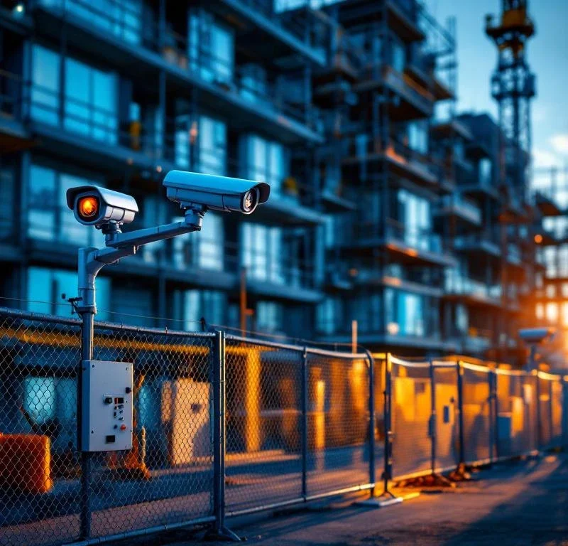 Beveiligingsapparatuur op bouwplaats met steigers, camera's en toegangscontrole tijdens gouden uur verlichting