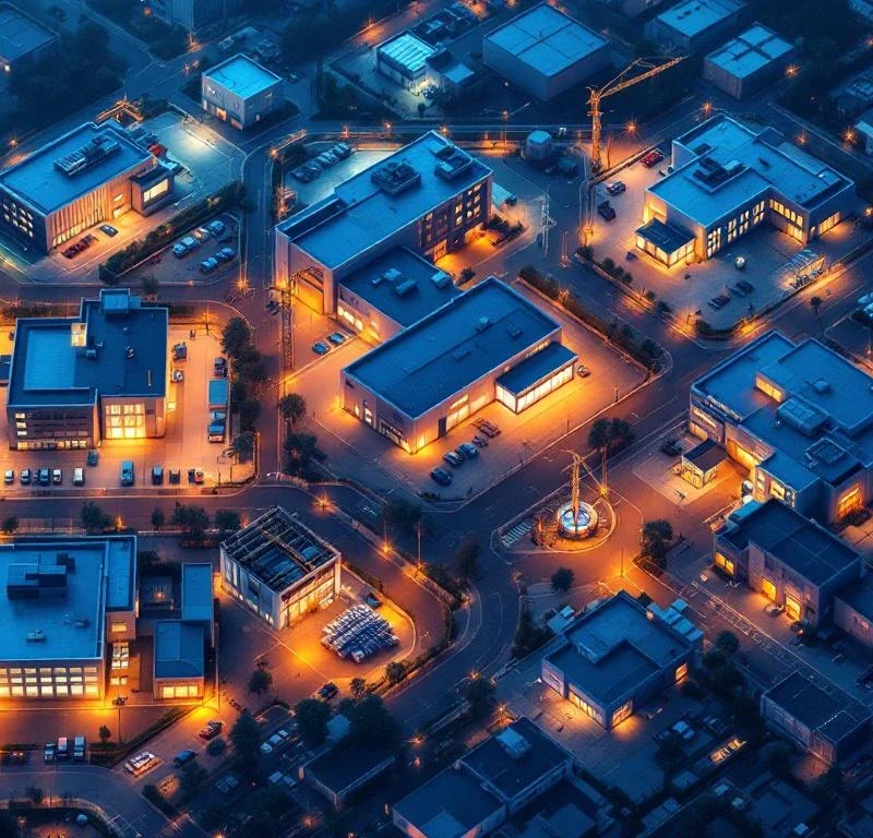 Luchtfoto van zeven commerciële gebouwen met gestandaardiseerde beveiligingssystemen, verlichting en toegangscontrole