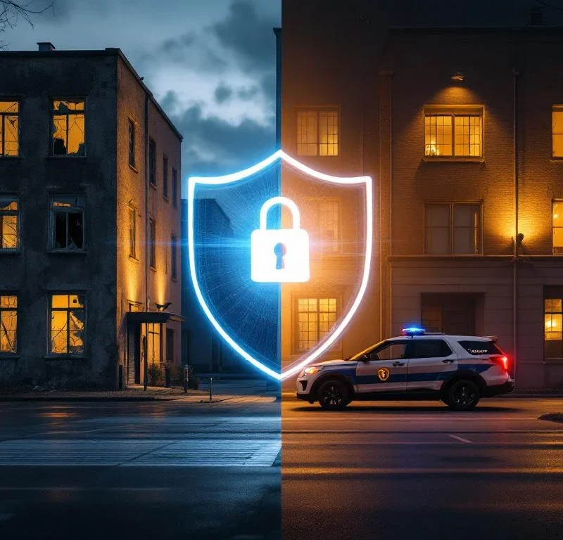 Split-screen vergelijking van kwetsbaar commercieel gebouw met kapotte ramen versus goed beveiligd pand met verlichting en bewaking