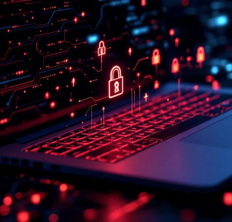 Laptop toetsenbord met rode waarschuwingssymbolen en zwevende slotpictogrammen, omgeven door cybersecurity dreigingen