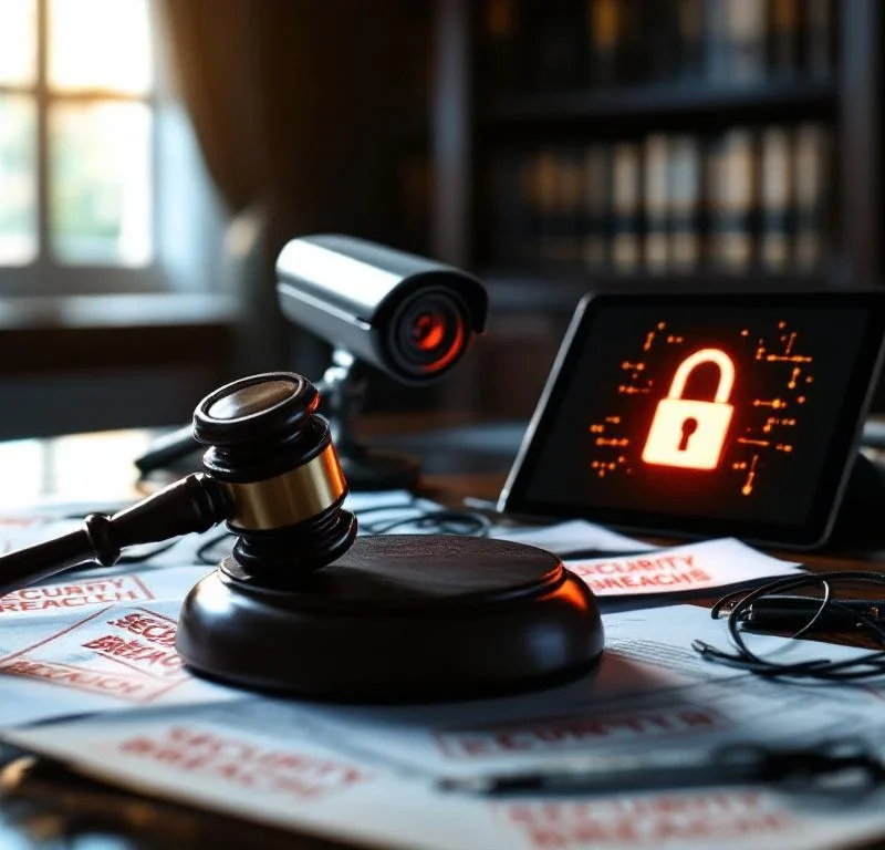 Rechtszaal met hamer, juridische documenten met "SECURITY BREACH" stempels en kapotte beveiligingscamera op houten tafel