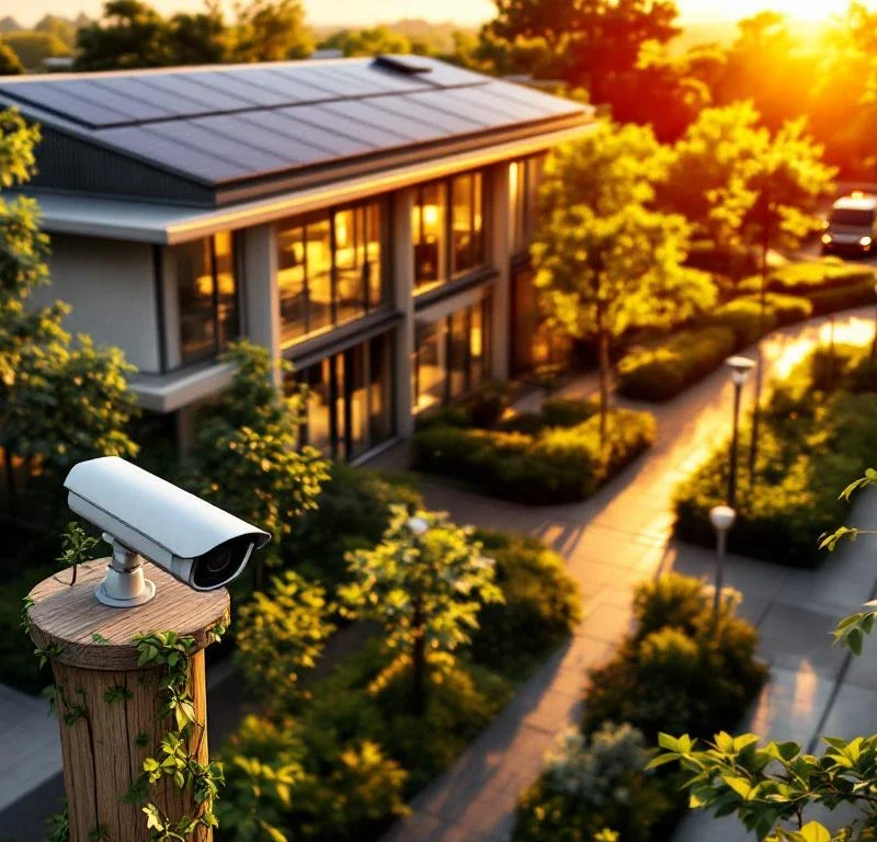 Modern kantoorgebouw met zonnepanelen, duurzame beveiligingscamera's en groene landschapsarchitectuur tijdens gouden uur