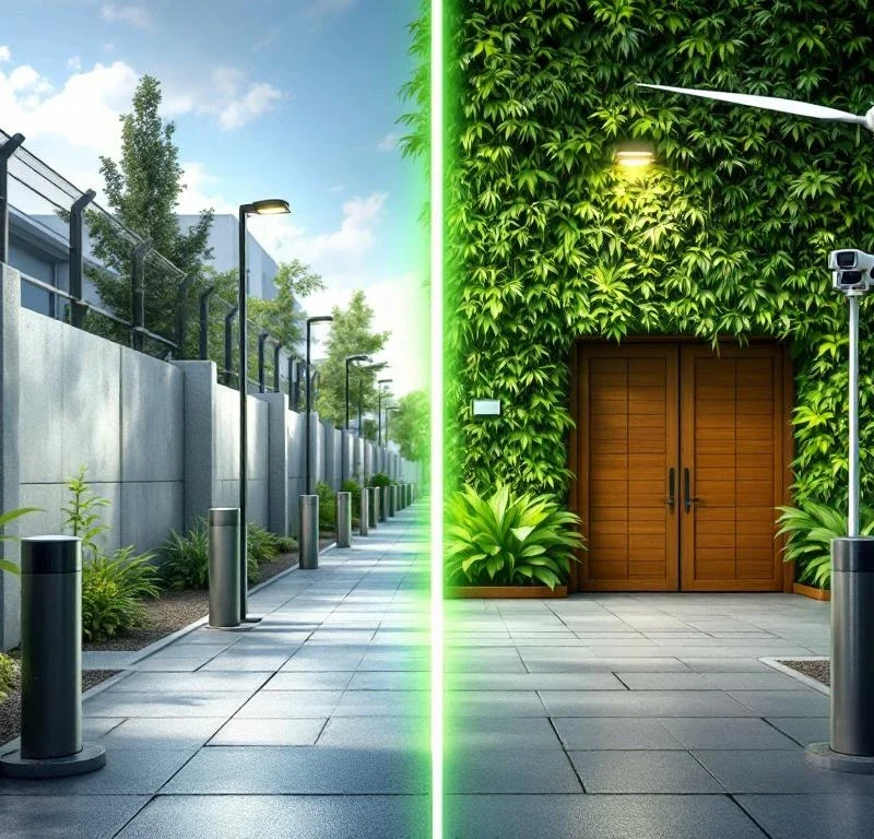 Split-screen vergelijking van traditionele beveiliging (betonblokken, hekken) versus duurzame eco-beveilingsoplossingen
