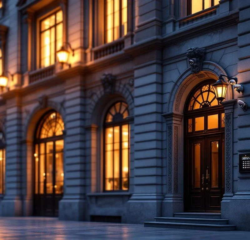 Historisch gebouw met klassieke steenarchitectuur en moderne beveiligingscamera's bij zonsondergang